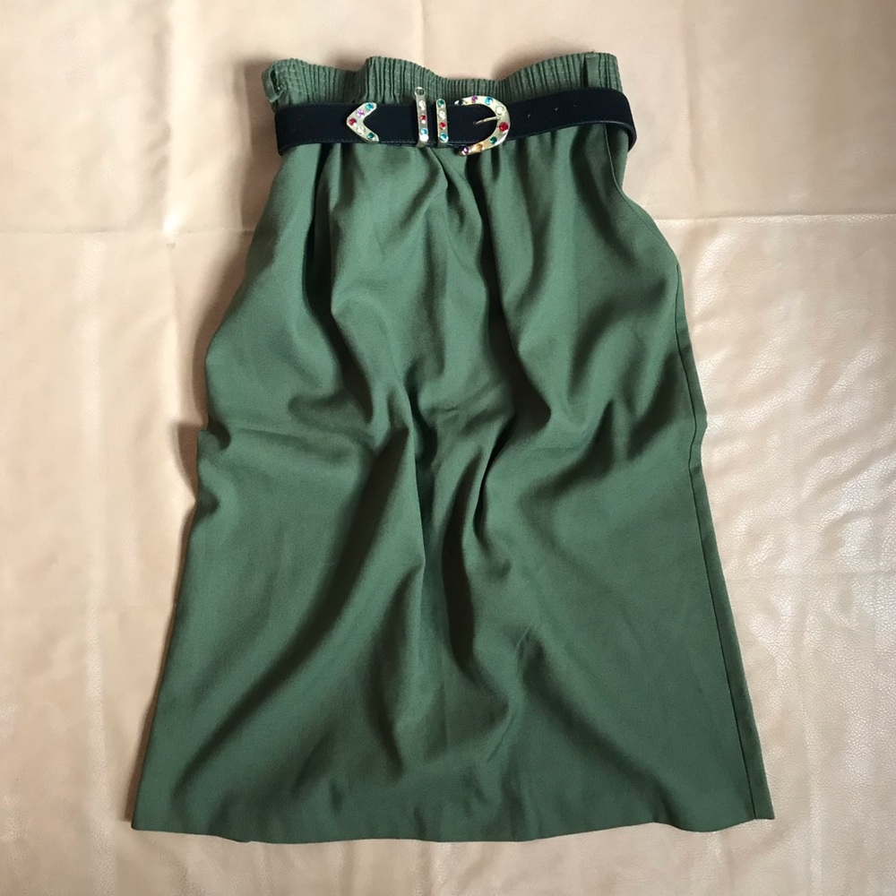 Vintage Belt Loop Midi Army Green Straight Skirt